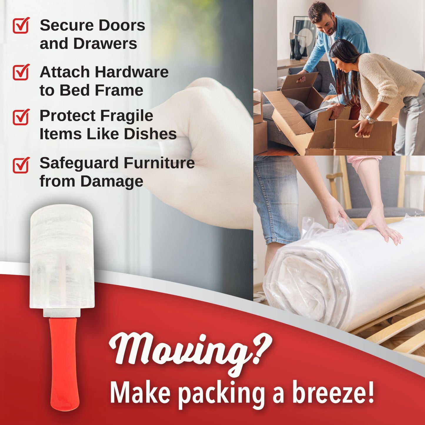 12 Pack Industrial Strength Mini Hand Stretch Wrap with 2 Plastic Handles, 60 Gauge Thick, 5" x 1000 Ft Roll, Shrink Wrap Roll for Moving Pallets, Plastic Wrap for Packing, Heavy Duty Stretch Film