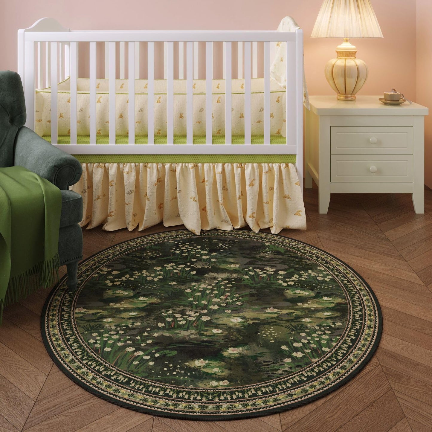 Rugcomf Circle Rug Impressionist-Style Vintage Round Rug 6ft Non Slip Low Pile Small Circular Rug for Bedroom Bathroom Entryway Kids Room Office College Dorm, Green