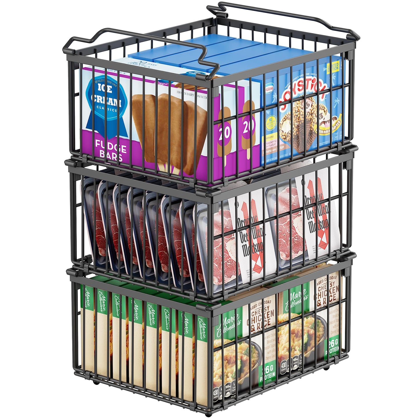 MSERCUOR Freezer Organizer Bins, 3 Pack Big Stackable Deep Chest Freezer Organizer Bins, Foldable Baskets with Handles, Black Storage Container Baskets for 5 to 9 Cu.FT Deep Freezer Sort Frozen Meats