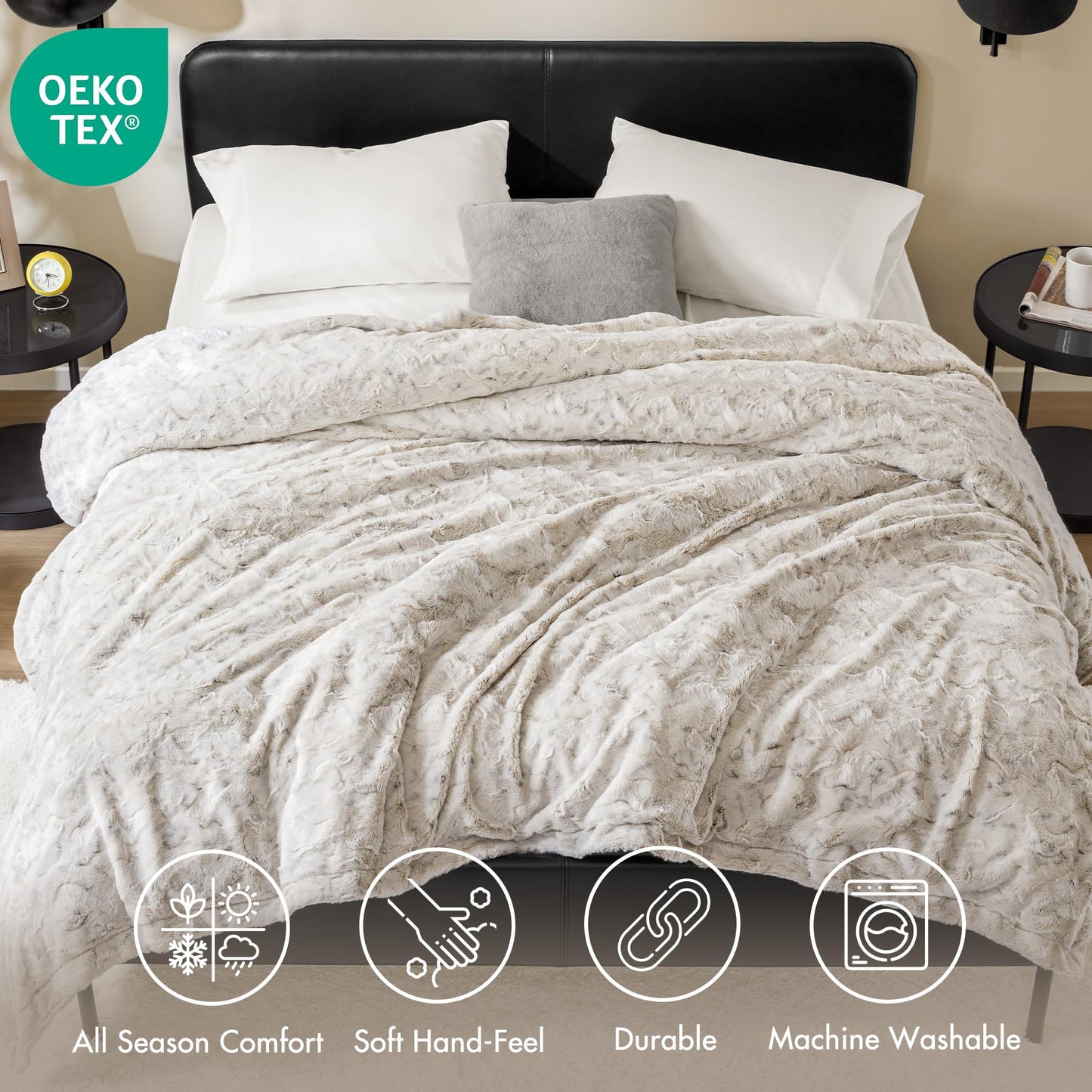 Madison Park Ultra-Soft Poly Fur Blanket Queen Size, Reversible Plush, All Season & Lightweight Queen Fuzzy Blanket for Bed, Couch & Sofa, Zuri, Full/Queen Snow Leopard