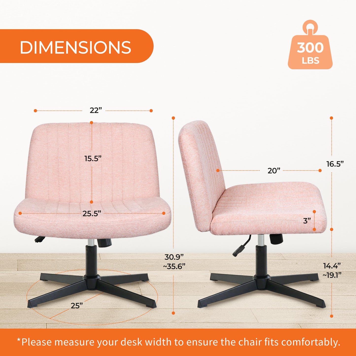 NEO CHAIR Criss Cross Chair No Wheels Armless Cross Legged Office Desk Wide Comfy Vanity Makeup Chair Adjustable Computer Task for Home Office Fabric (Pink)
