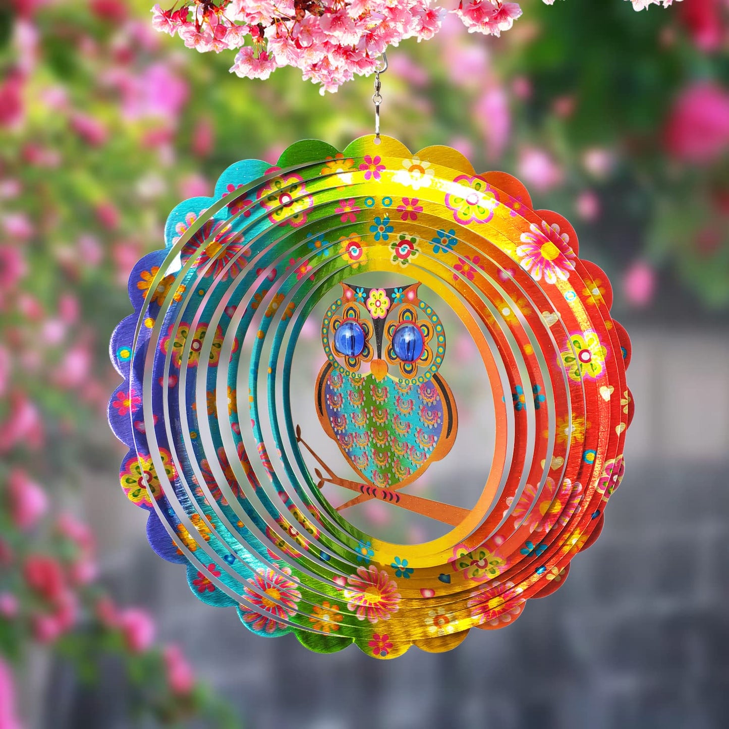 FONMY Wind Spinner Mandala Owl 12 inch 3D Stainless Steel Laser Cut Metal Art Geometric Pattern Hanging Wind Spinner, Kinetic Yard Art Decorations - Indoor/Outdoor Décor