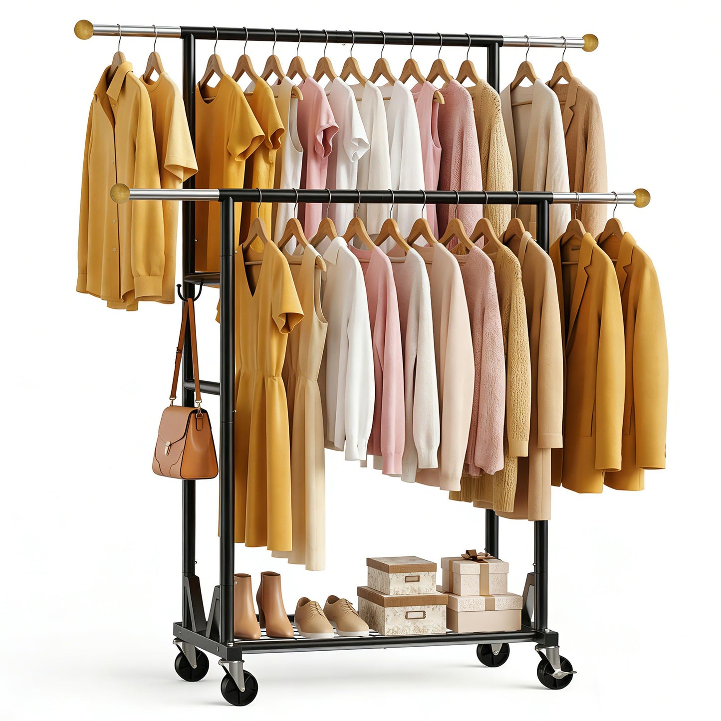 HRUSGO Rolling Garment Rack - Double Rod Clothes Rack with Lockable Casters, Mesh Storage Shelf & Anti-Slip Wooden Finials accented - Sleek Black Freestanding Closet Organizer for Coats, Dresses