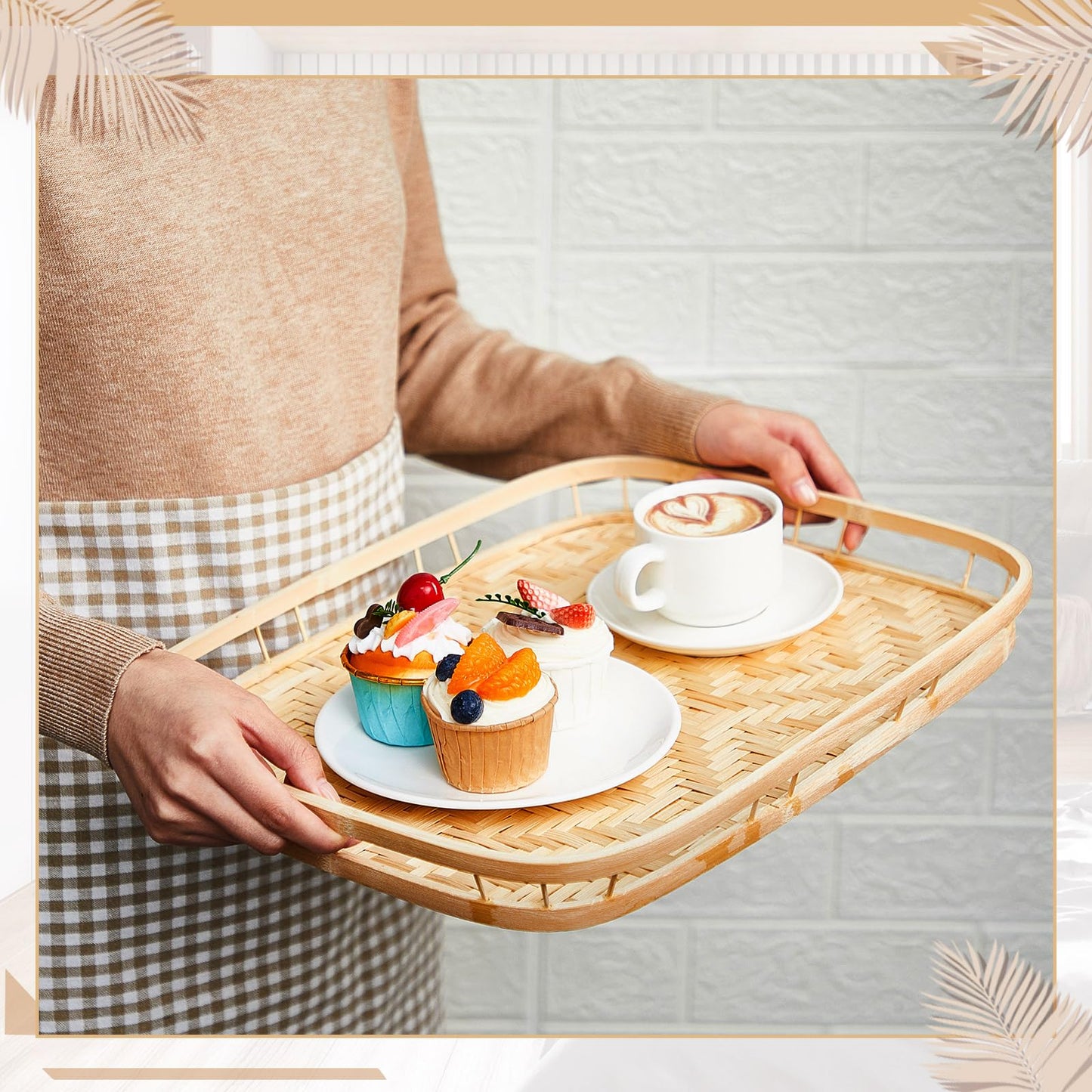 FillTouch 6 Pcs Bamboo Wicker Serving Trays 16.93 x 13 x 1.57 Inch Hand Woven Lap Trays for Eating Rectangular Flat Baskets Trays Decorative Bedroom Bed Tray for Eating Dinner Tray Fruit Snack Holder