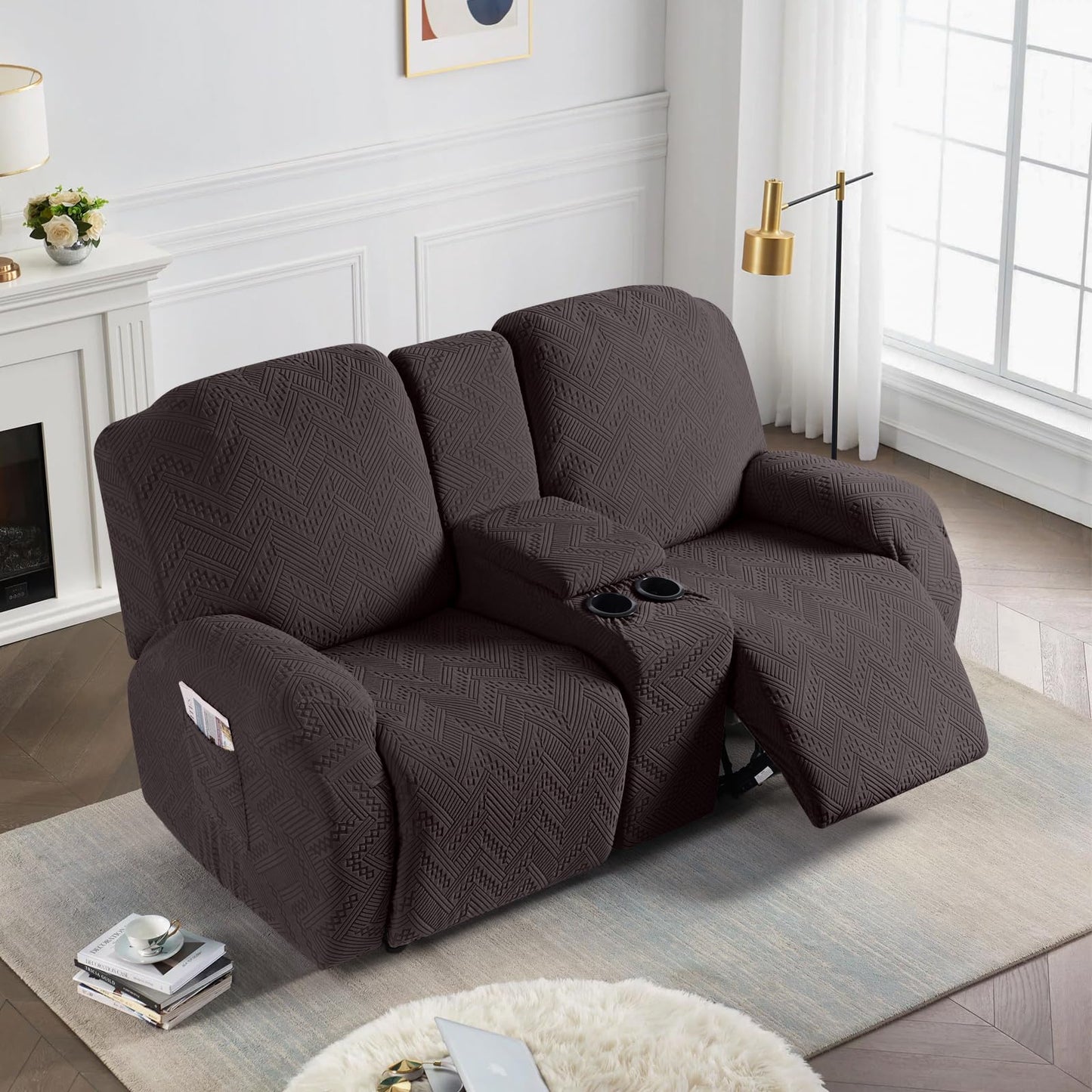 Ruaozz Stretch Loveseat Recliner Covers with Console 4-Pieces Recliner Sofa Covers with Pockets Jacquard Reclining Couch Covers Furniture Protector with Elastic Straps Bottom (2 Seater, Chocolate)