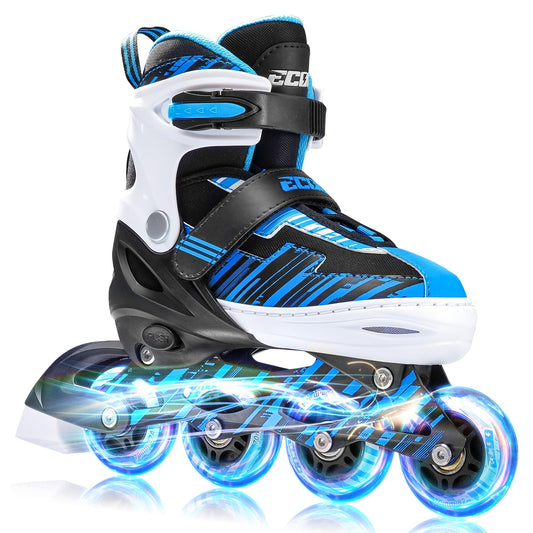 ECOO Adjustable Inline Skates Boys and Girls with Light up Wheels，Roller Skates for Kids Ages 4-12, Teen Skates for Beginner Outdoor and Indoor (Blue, Medium-Big Kids（13j-3 US）)