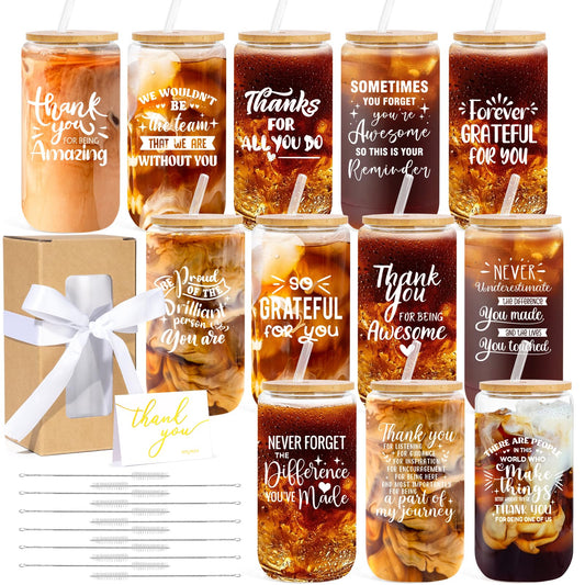12 Set Employee Appreciation Gifts Bulk, Thank You Gifts for Coworker Staff Teacher Nurses Team, 16oz Can Shaped Beer Glass Cups Gift Box with Card for Women Men, Teacher's Day/Nurses Week