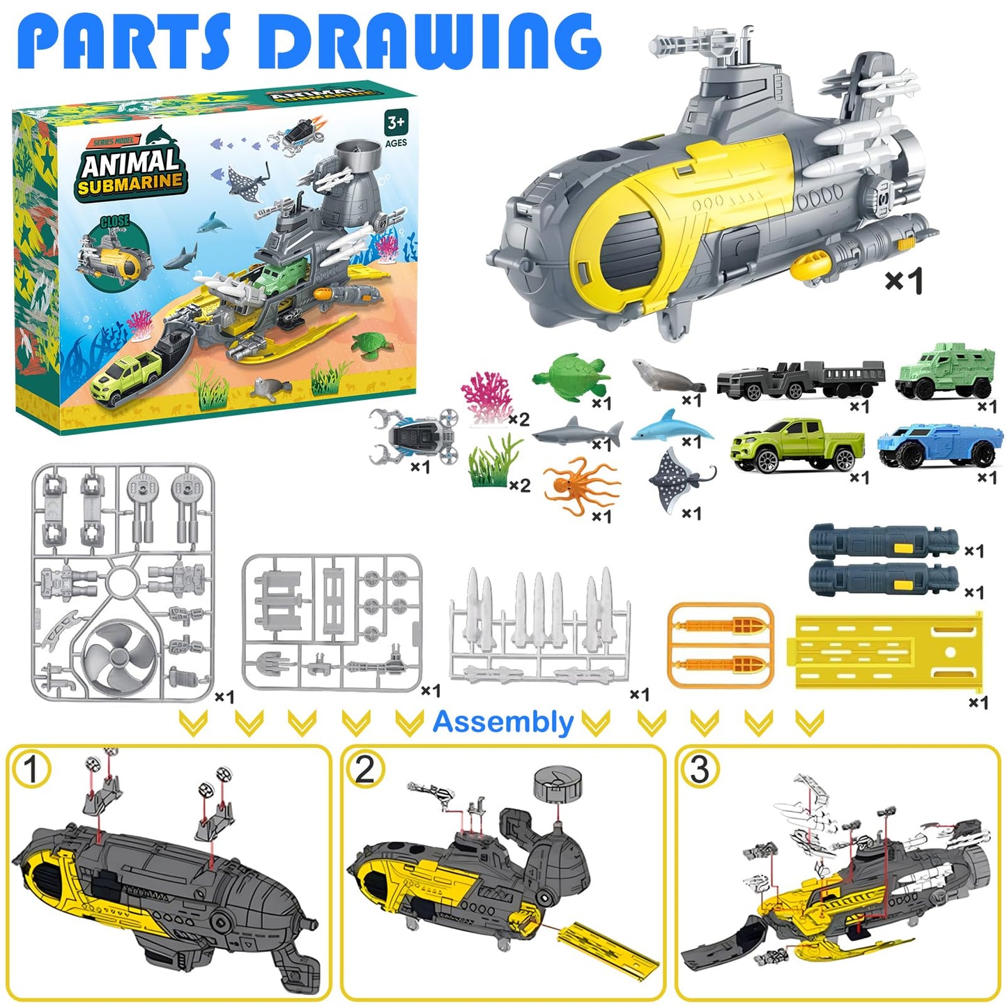 Frontoytall Deep Sea Creatures & Submarine Toy, Ocean Animal Toys with Truck Cars, 23 Piece Educational Playset for Kids Ages 3+ Years Old, Indoor & Outdoor Play, Preschool Learning for Boys Girls
