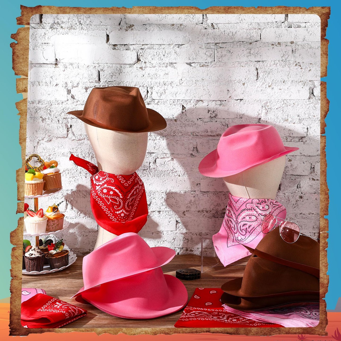 Hillban 72 Pack Cowboy Hat and Bandana Set, 36 Cowboy Hats 36 Cowboy Bandana Bulk for Fancy Dress Party Cosplay Costume (Brown, Pink)