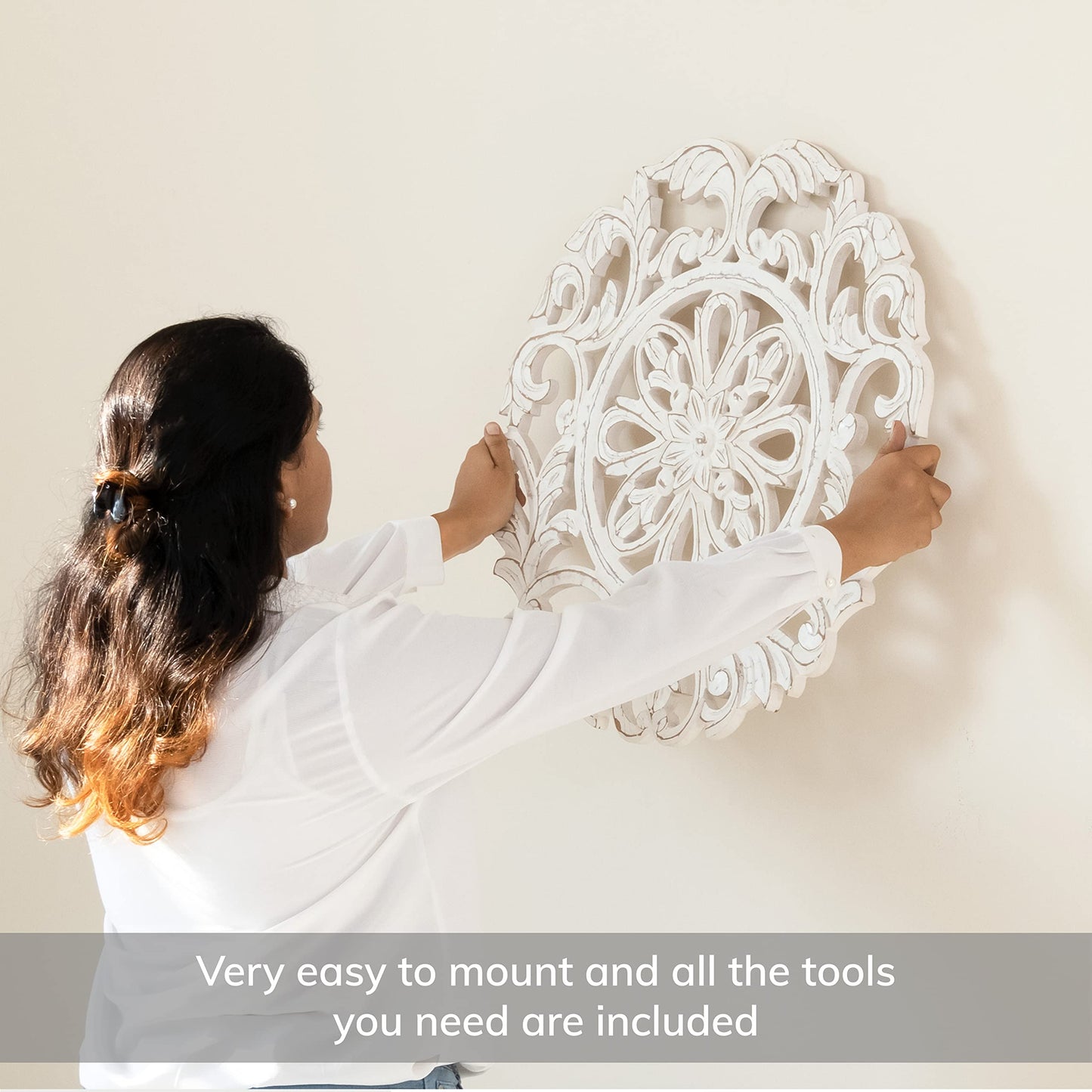 MH London Charles Wall Medallion - Large Wood Wall Art, Exclusively Designed, Hand Carved, Contemporary White Design for Living Room, Bedroom and Kitchen