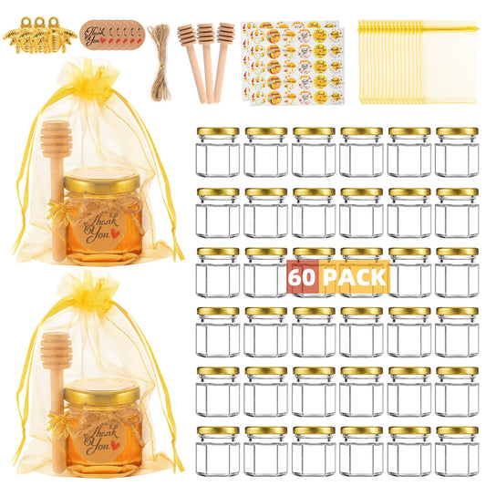 60 Pack Mini Glass Honey Jars Party Favors,1.5 oz Small Hexagon Glass Honey Jars with Dippers,Lids,Gold Bags,Bee Charms,Thank You Cards,Jute,Cute Stickers for Baby Shower Favors,Wedding party gift