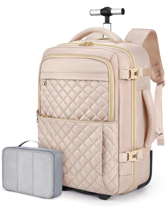 BAGSMART Rolling Backpack for Women, Wheeled Backpack with Packing Cube, Travel Backpack with Wheels, Carry On Suitcase Bag with Wheels 17 Inch Large Roller Backpack, Champagne