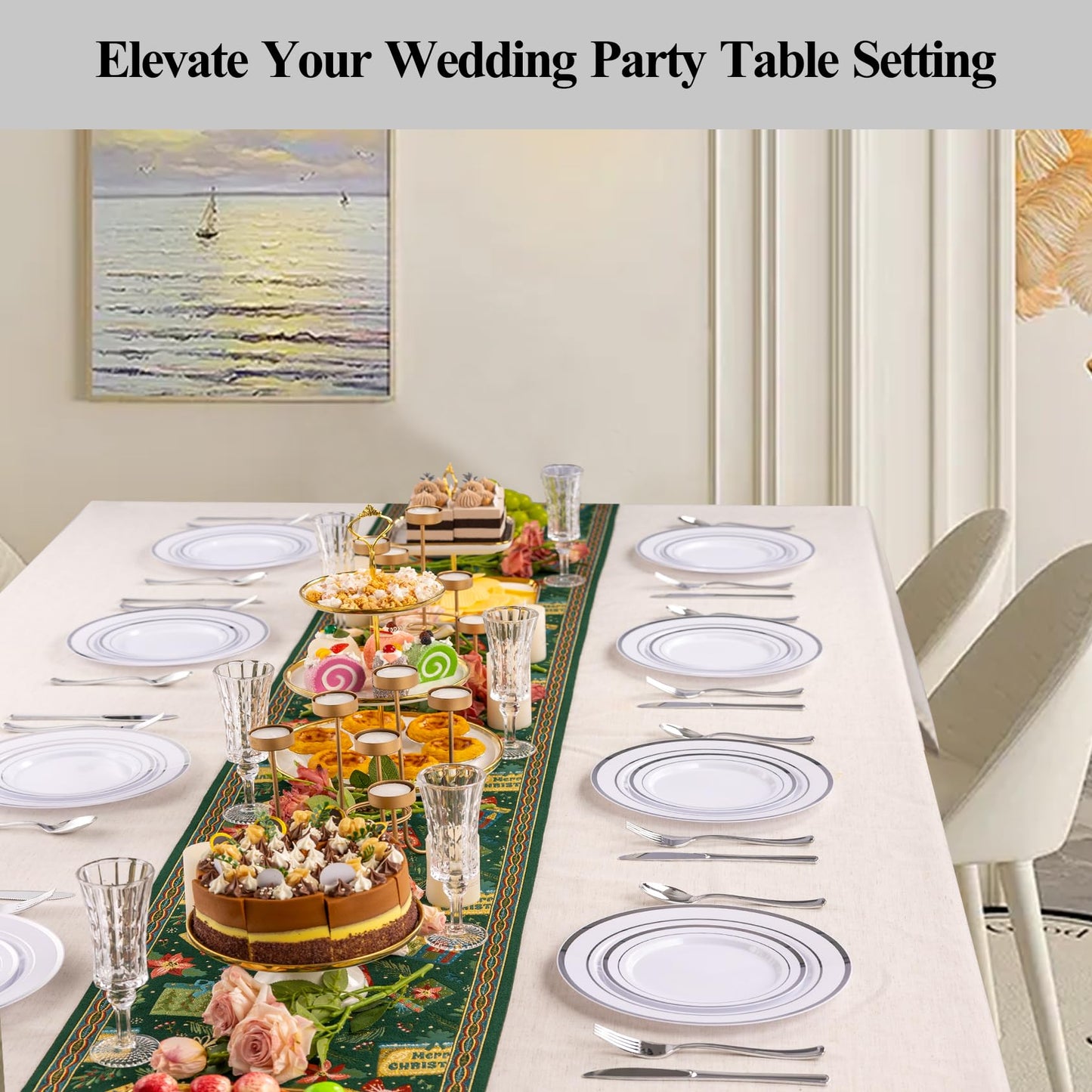Goodluck 100PCS Silver Plastic Plates, 10.25 Inch Dinner Plate with Silver Rim, Heavy Duty Disposable Plastic Plates for Party, Wedding, Birthday & Daily Use