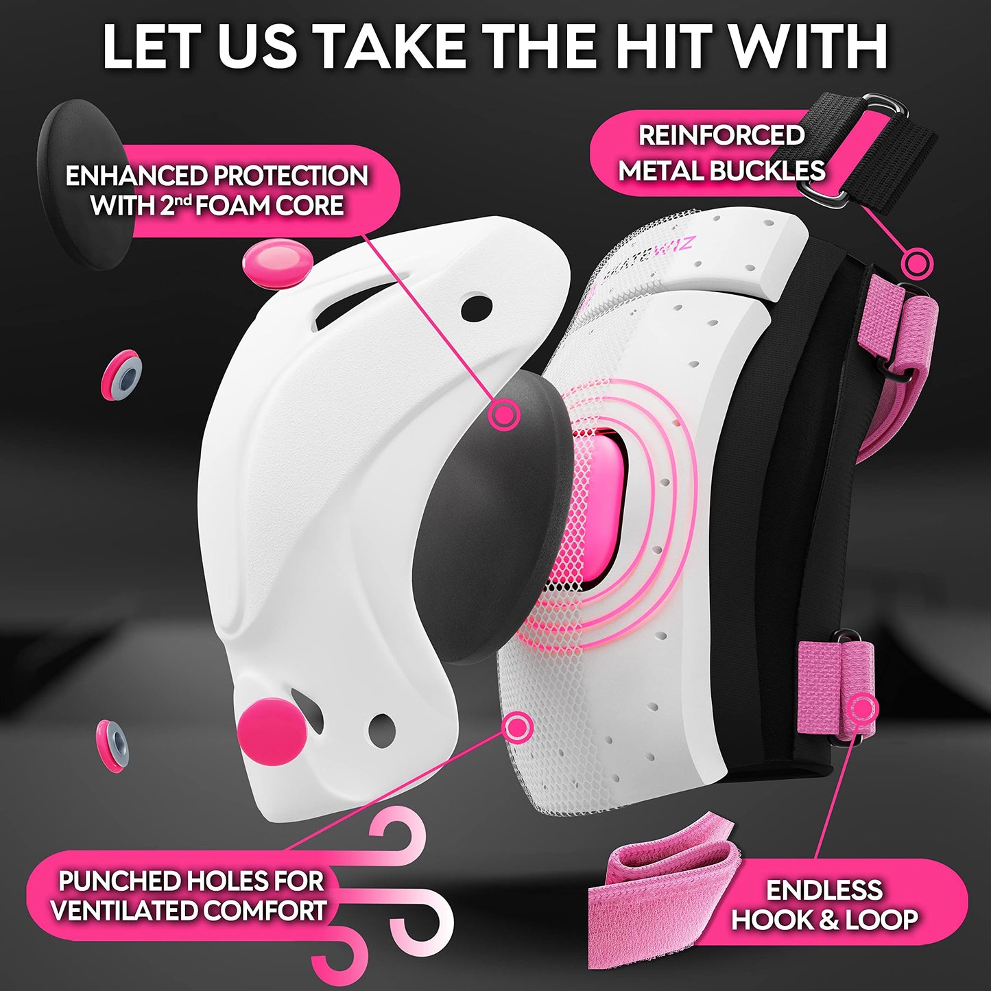 SKATEWIZ Knee and Elbow Pads Adult - Skating Protective Gear, Knee Pads and Elbow Pads Set - PROTECT-1 - Size L Pink White - Knee and Elbow Pads for Women, Elbow and Knee Pads Adult, Skate Gear
