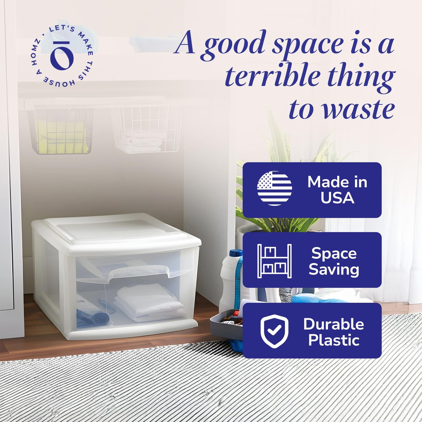 HOMZ 2-Pack 1-Drawer Storage Cart, Clear Plastic Container, 14.25" Wide Medium, White Frame - Organizing Drawer Containers for Home, Bathroom, Bedroom, Office, and Classroom