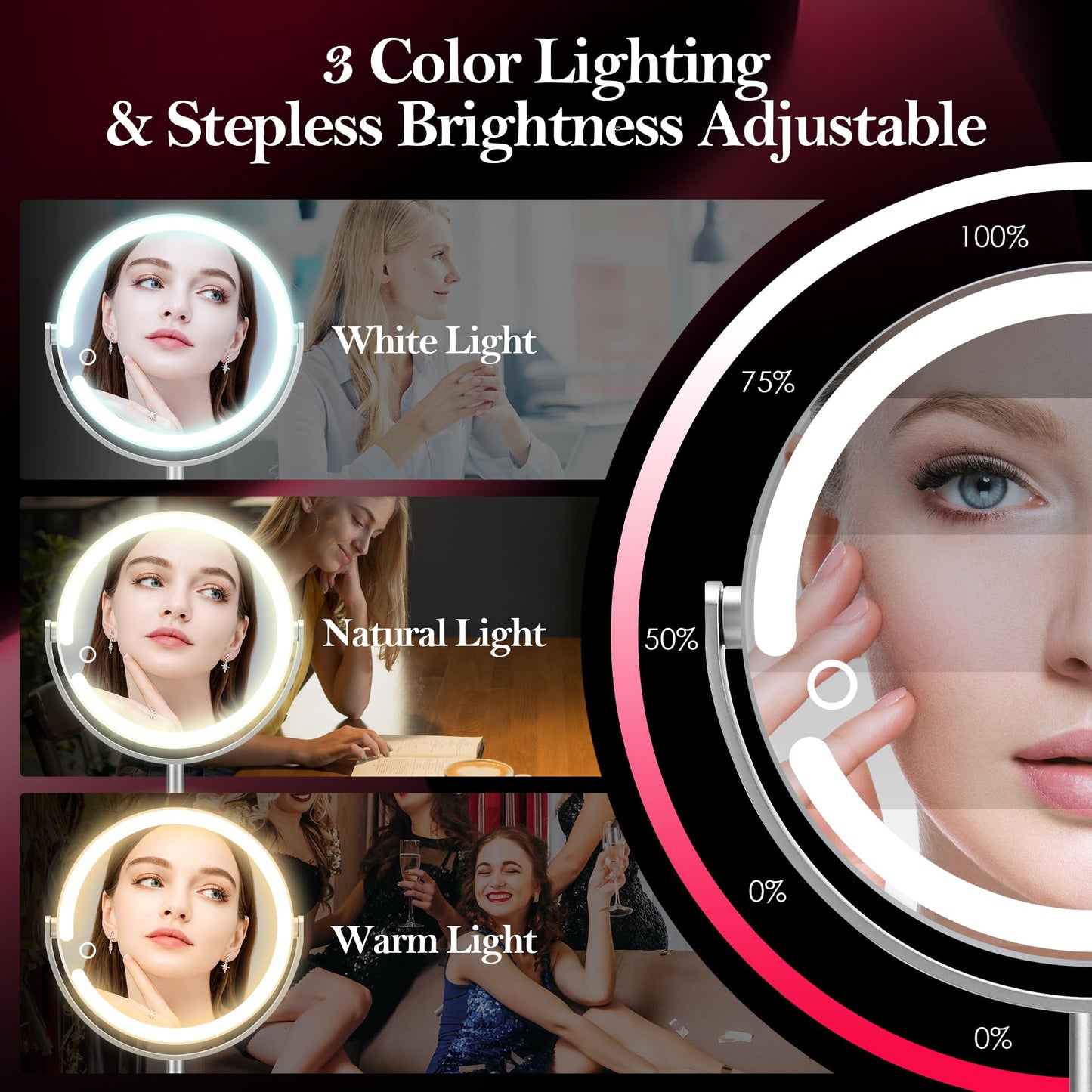 PEDOMIROR Magnifying Mirror with Light, Lighted Make Up Mirror 20x, Rechargeable 2000mAh Led Makeup Mirror, Height & Brightness Adjustable Desk Makeup Mirror, 360°Rotation & Touch Screen (Silvery)