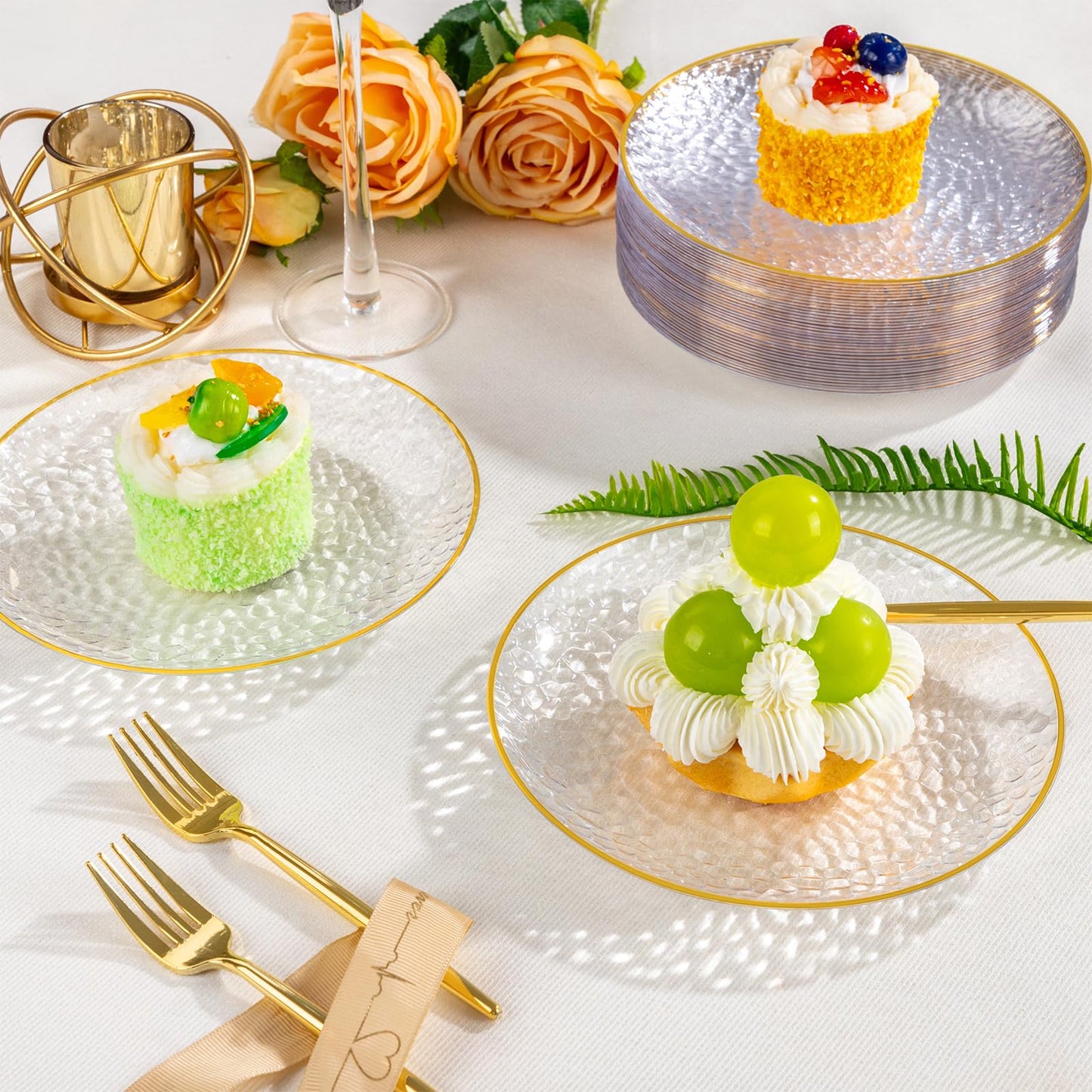 DaYammi 240Pcs Gold Plastic Plates Including 120Pcs Dessert Plates and 120Pcs Cake Forks,Hammered Party Plate,Clear Gold Appetizer plates Heavy duty Disposable Plastic Plate for Party Wedding Birthday