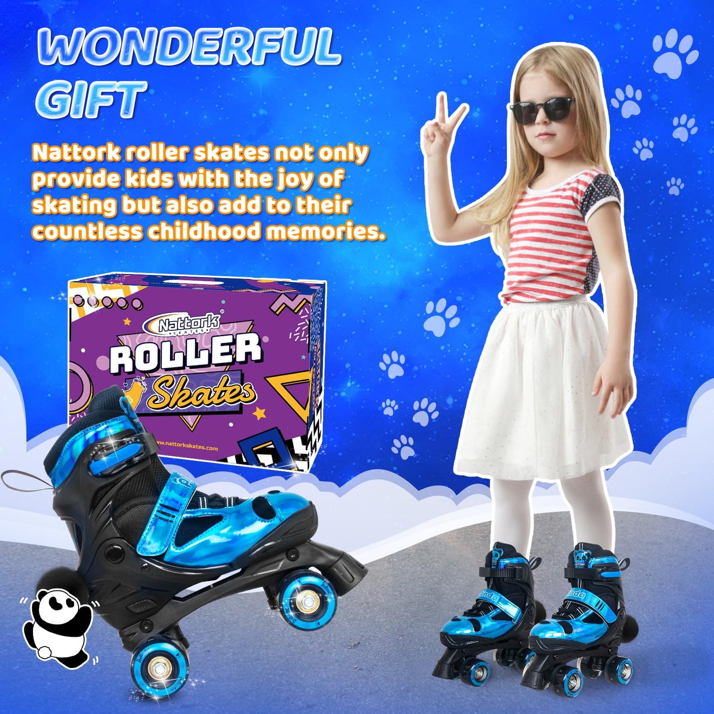 Nattork Kids Roller Skates for Girls Boys, 4 Size Adjustable Blue Panda Quad Skates with All Light up Wheels, Beginner Roller Skates - Birthday Gift for Outdoor Indoor