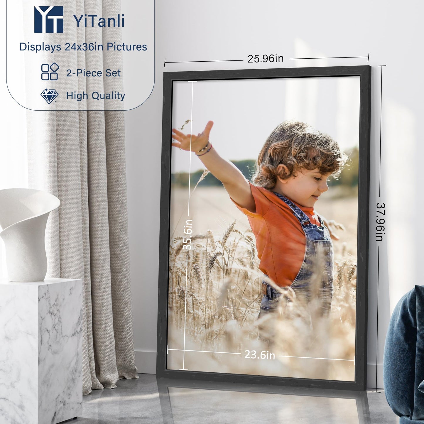 YiTanli Solid Wood 24x36 Poster Frame 2 Pack, Black Poster Frames 24 x 36 inches for Pictures and Art Prints, Textured 36x24 Picture Frame Horizontal or Vertical Wall Mounting