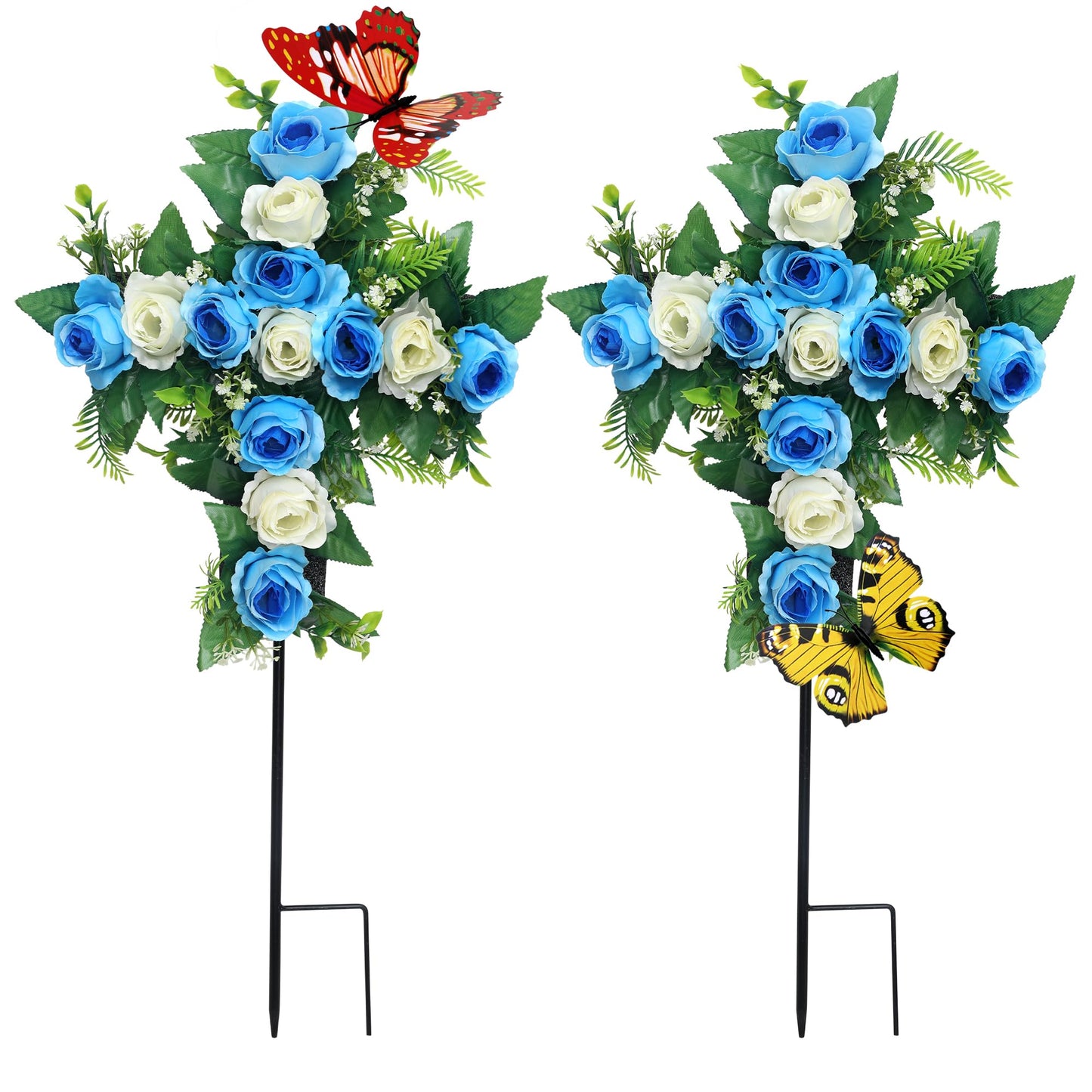 Hibsotco Artificial Cemetery Flowers,Set of 2 Faux Floral Cross,Artificial Rose Bouquet Decoration for Cemetery Headstones Gravesites,Silk Flowers for Long-Lasting Remembrance (Blue)