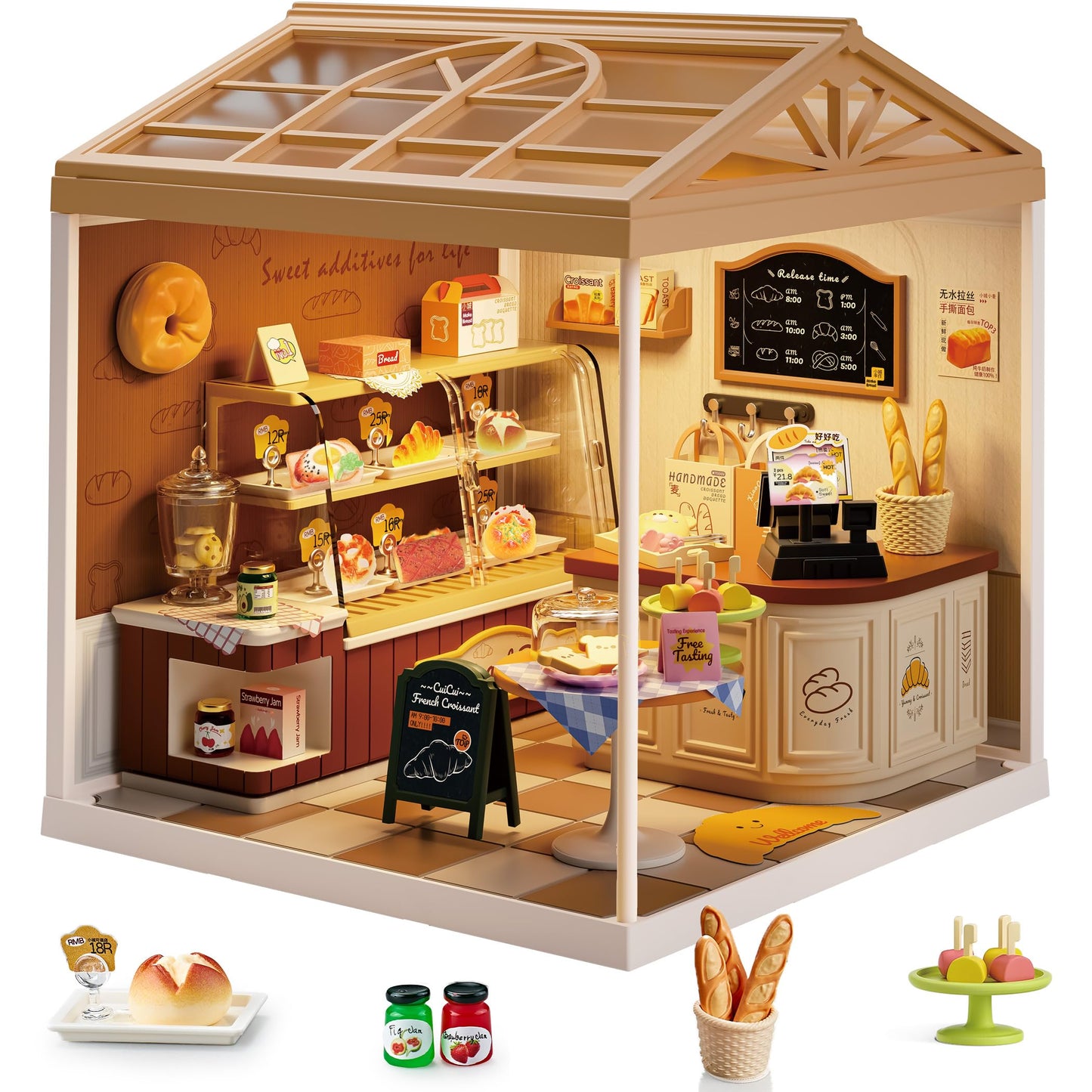 Tkmango Bread Shop DIY Miniature House Kit with Roof & LED Light, Stackable & Connectable Dollhouse Kit with Dustproof Door, Creative DIY Crafts Building Toy Gift for Adults Teens