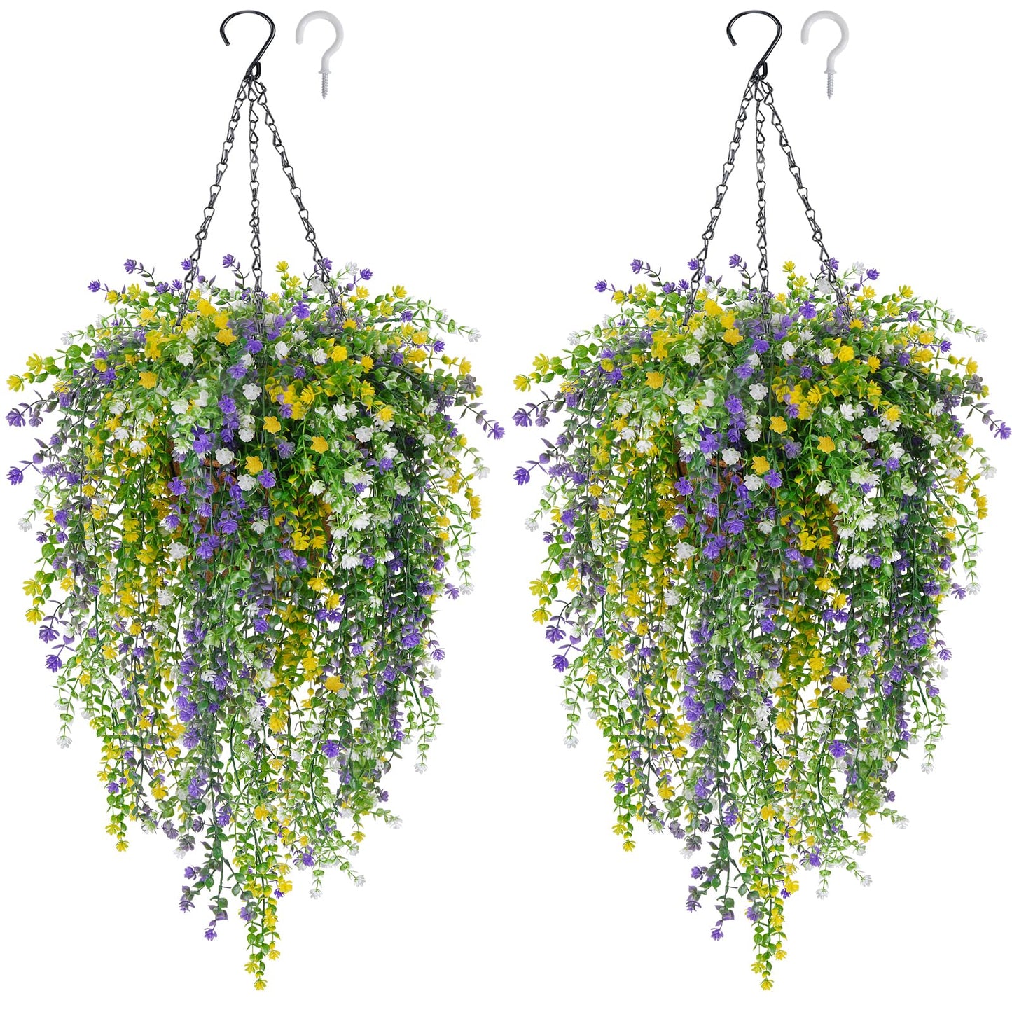 MHMJON 2 Set Artificial Flower Hanging Baskets for Outdoors, 20Pcs Fake Hanging Plants, Outdoor Faux Flowers UV Resistant for Spring Summer Porch Patio Garden Home Decoration (White+Purple+Yellow)
