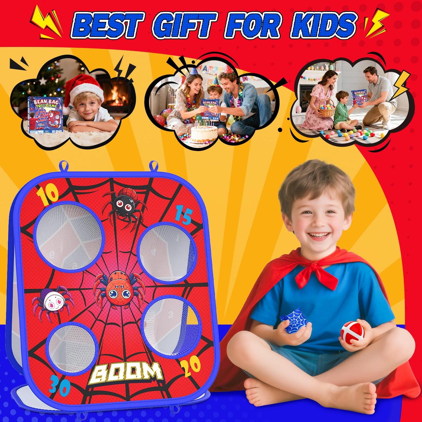 Spider Bean Bag Toss Game, 3-1 Cornhole Board Outdoor Toys for Kids, Family Party Activity Toddler Yard Backyard Beach Lawn Party Camping Game Toys for 3 4 5 6 7 8 Year Old Boys Girls Birthday Gift