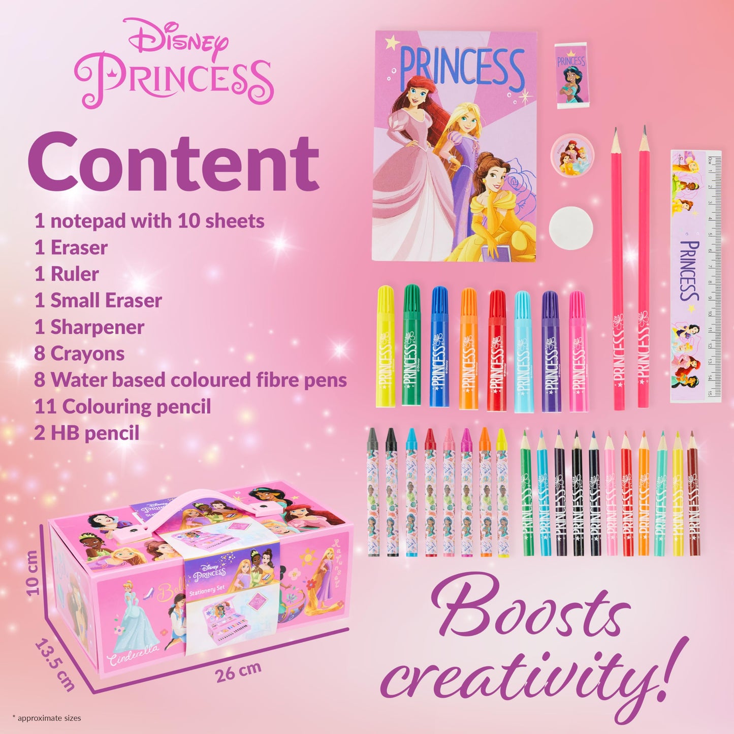 Disney Kids Coloring Pencils Markers Crayons Art Supplies in Box - Kids Gifts (Pink Princesses)
