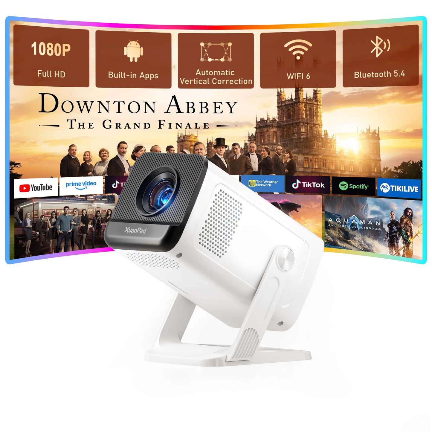 【Neo Projector & Built-in Apps】XuanPad Mini Projector with Wi-Fi and Bluetooth, Full HD 1080P Smart Portable Projector with 210° Stand, Auto Vertical Keystone, Compatible with HDMI/USB/TV Stick