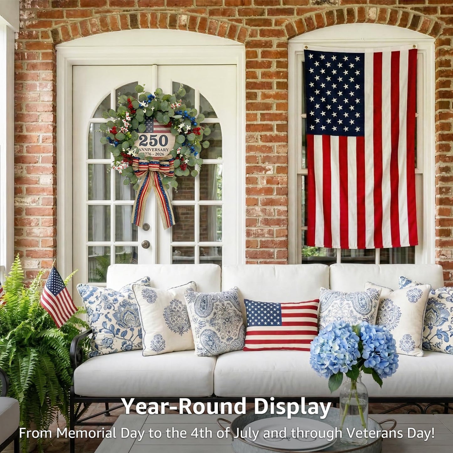 4th of July Eucalyptus Wreath for Front Door - 23 inch 1776-2026 USA 250th Anniversary Patriotic Outdoor Decorations, Memorial Day Wreaths with Red White Blue Berries and Bow