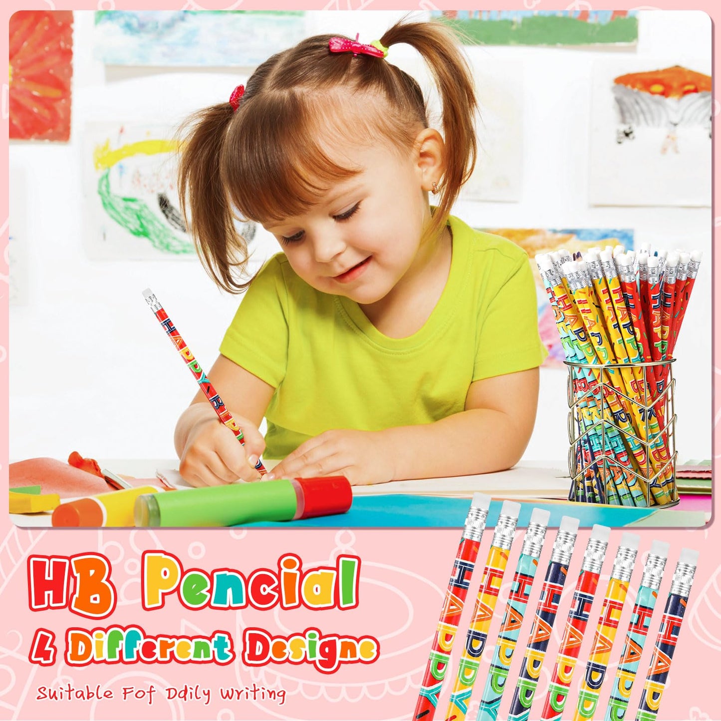 Kosiz 400 Pcs Happy Birthday Pencils Colorful Birthday Pencil Bulk Back to School Wooden Pencils with Top Erasers for Students Teachers Classroom Reward Party Gifts Supplies