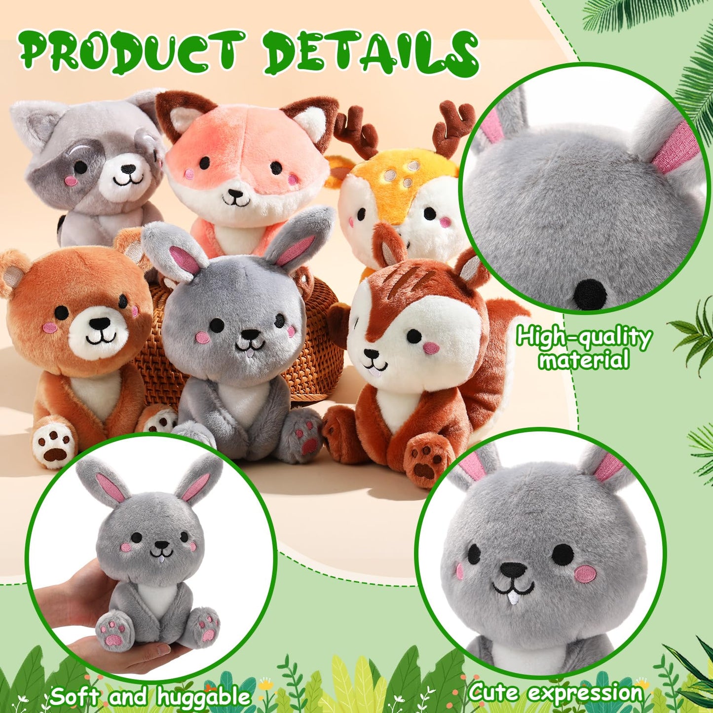 RoundFunny 6 Pcs Woodland Animals Plush Toys 7 Inch Bear Rabbit Squirrel Deer Raccoon and Fox Stuffed Animals for Birthday Gifts Baby Showers Party Decor