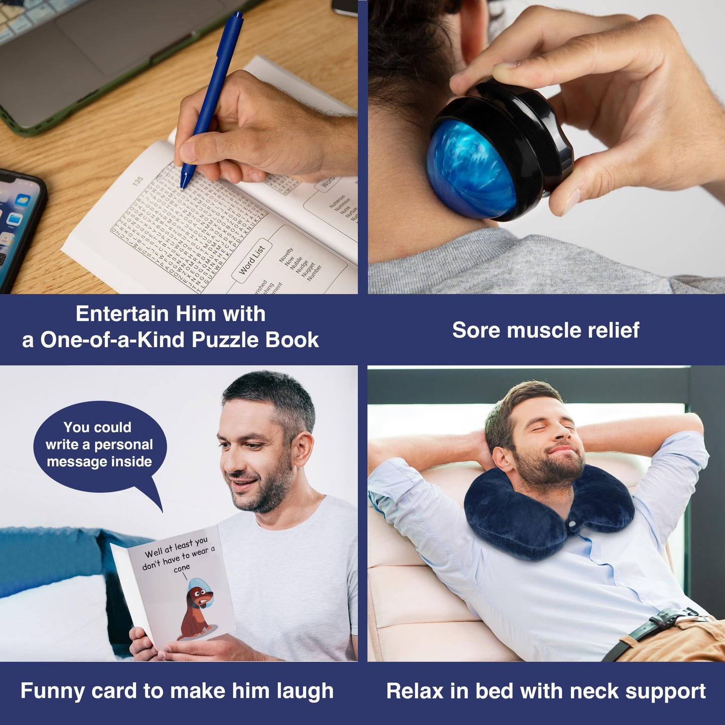 Amabeen Gifts Get Well Soon Gift Basket for Men – Recovery & After Surgery Care Package - Neck Pillow, Plush Blanket, Insulated Tumbler, Massage Roller, Puzzle Book, Funny Card, Pen