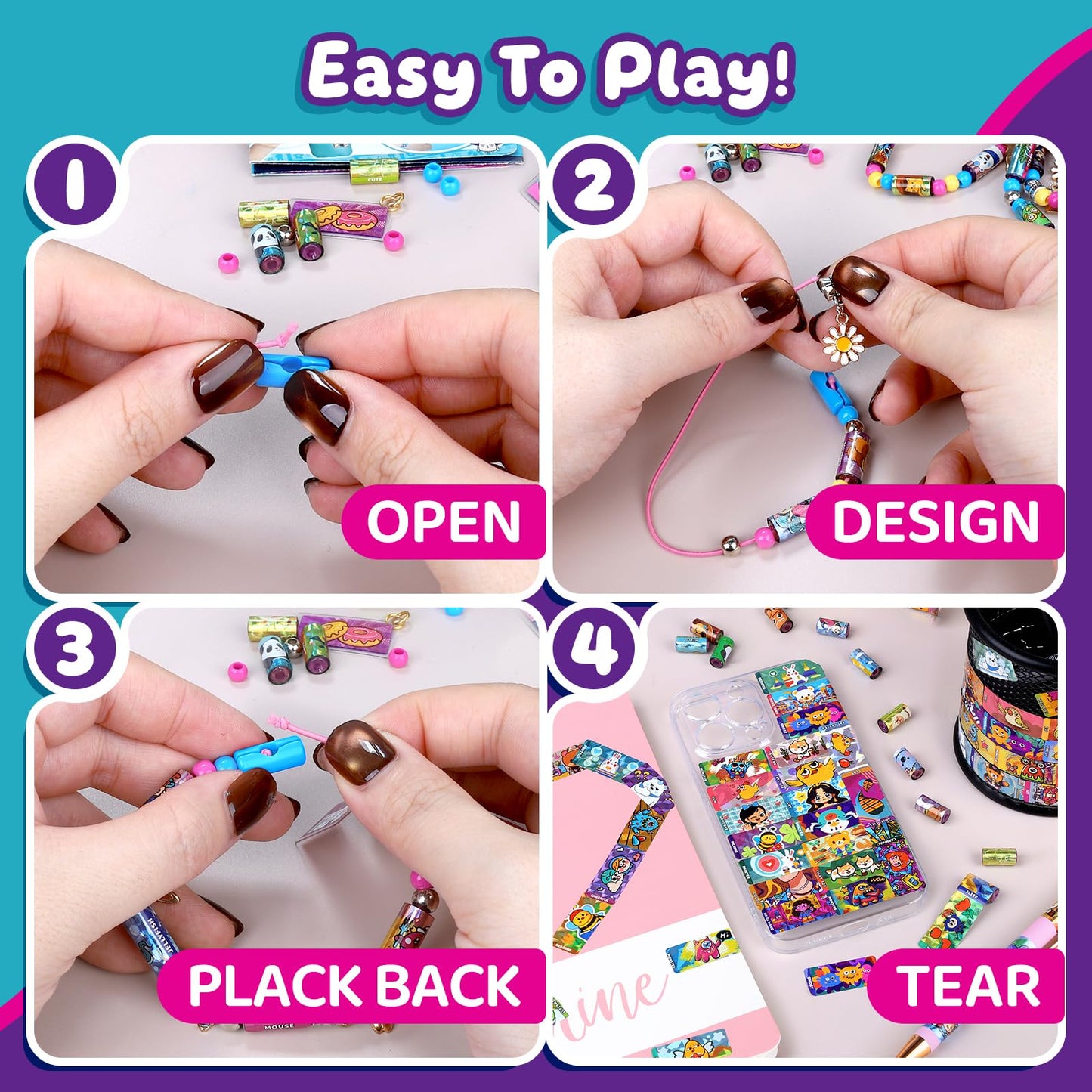 DIY Sticker Bracelet Maker, with 350pcs Mini Rolls Stickers, 12 Cute Pendants &Collect Book,Jewelry Necklace Making Kit,Fun Arts and Crafts for Kids 5-12, Birthday Party Gift,Toys for 5 Year Old Girls
