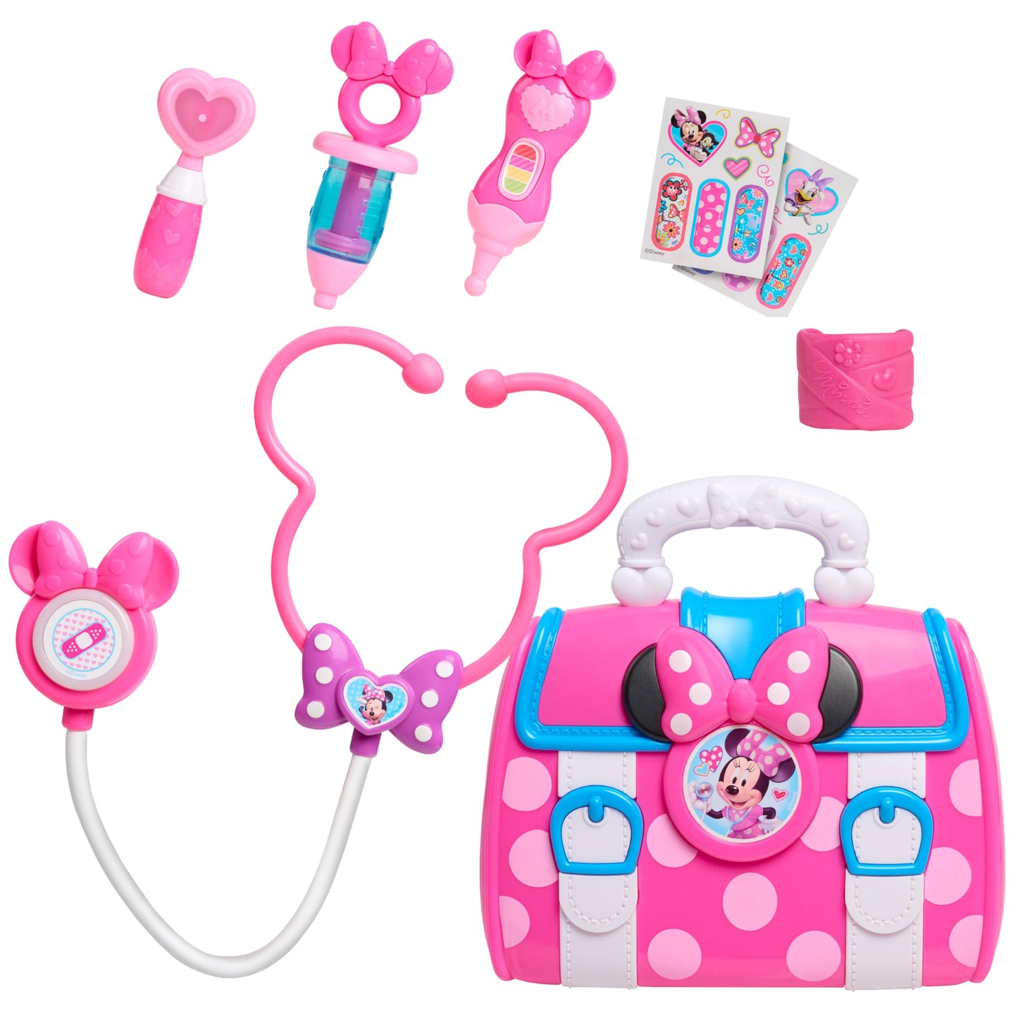 Disney Junior Minnie Mouse Bow-Care 8-Piece Doctor Kit for Toddlers Ages 3-5, Lights and Sounds Stethescope, Officially Licensed, Pink, Preschool Pretend Play