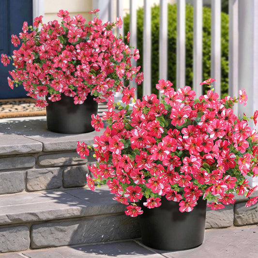 Artificial Morning Glory & Eucalyptus Topiary Trees - Set of 2 Faux Silk Flower Potted Plants, UV-Resistant Fake Outdoor Morning Glory Bushes for Front Door, Yard, Farmhouse, Garden Decor (Rose Red)