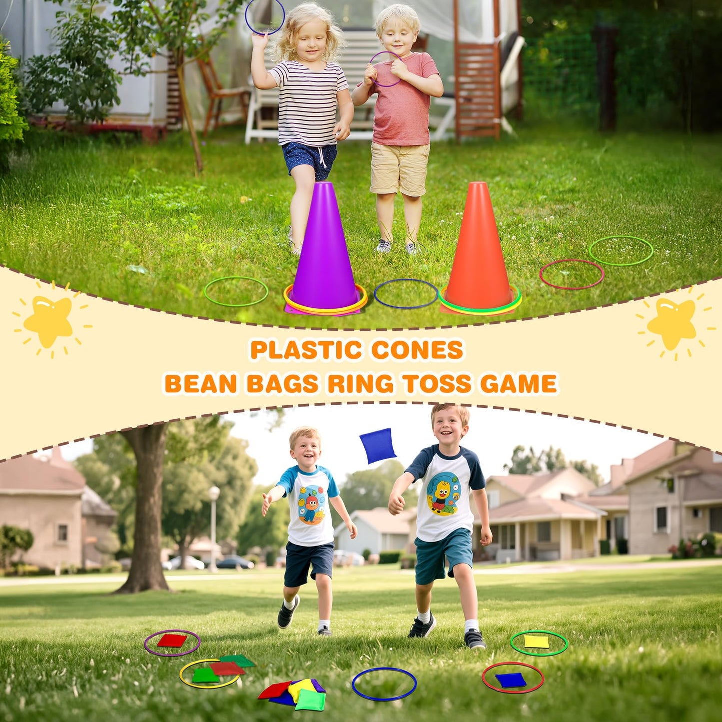 CWLAKON Outdoor Carnival Games 53Pcs, Hopper Balls for Kids, Soft Plastic Cones Bean Bags Ring Toss Game, Egg Spoon Relay Race, Outside Lawn Yard Backyard Field Day Birthday Party Family Reunion Game