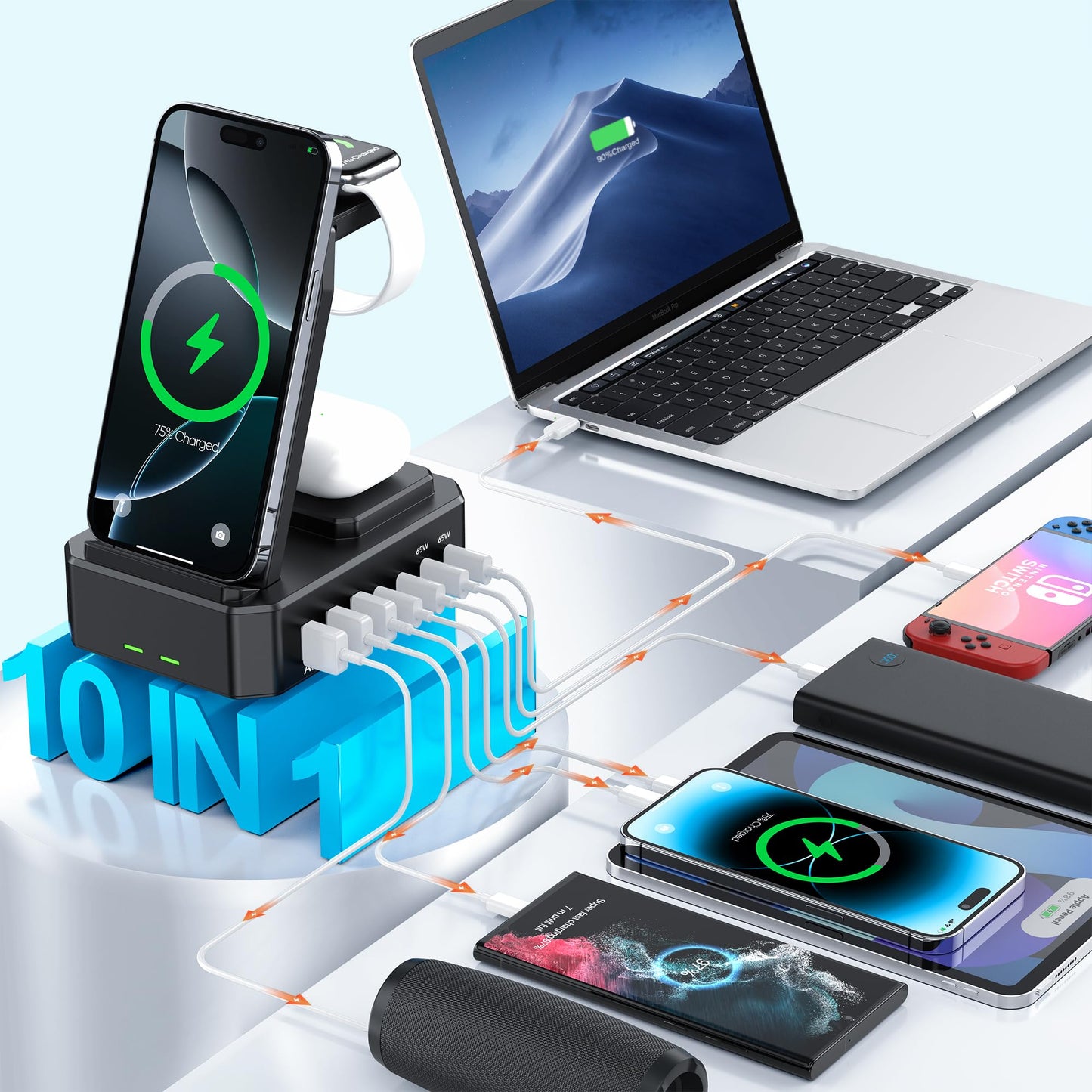 300W Charging Station for Multiple Devices Apple,10 in 1 Wireless Charger for iPhone,GaN III USB C 65W PD Fast Charging Stand Dock for MacBook,Apple Watch&Airpods (Wireless Charging Only for Apple)