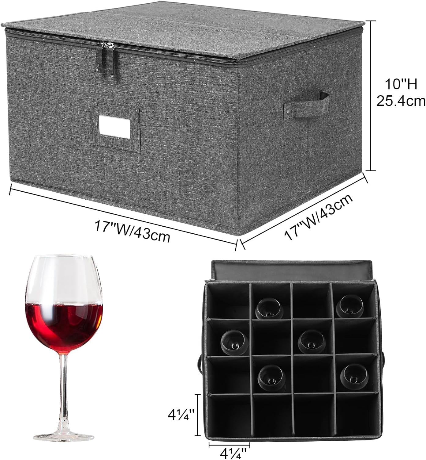 popoly Stemware Storage Cases 2 Pack, Wine Glass Storage Box Containers with Dividers for Glassware or Crystal, Holds 32 Red or White Wine Glasses, Hard Top and Stackable (Grey)