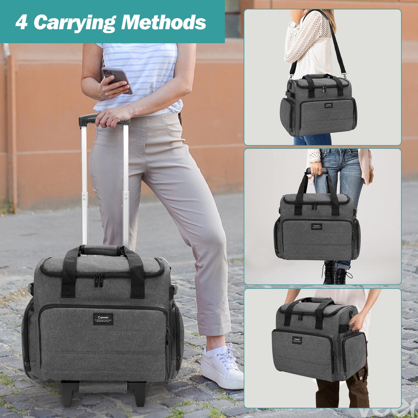 CURMIO Rolling Teacher Bag, Rolling Cart for Teachers with Wheels, Large Teacher Tote Bag for Women, Gray(Patented Design)