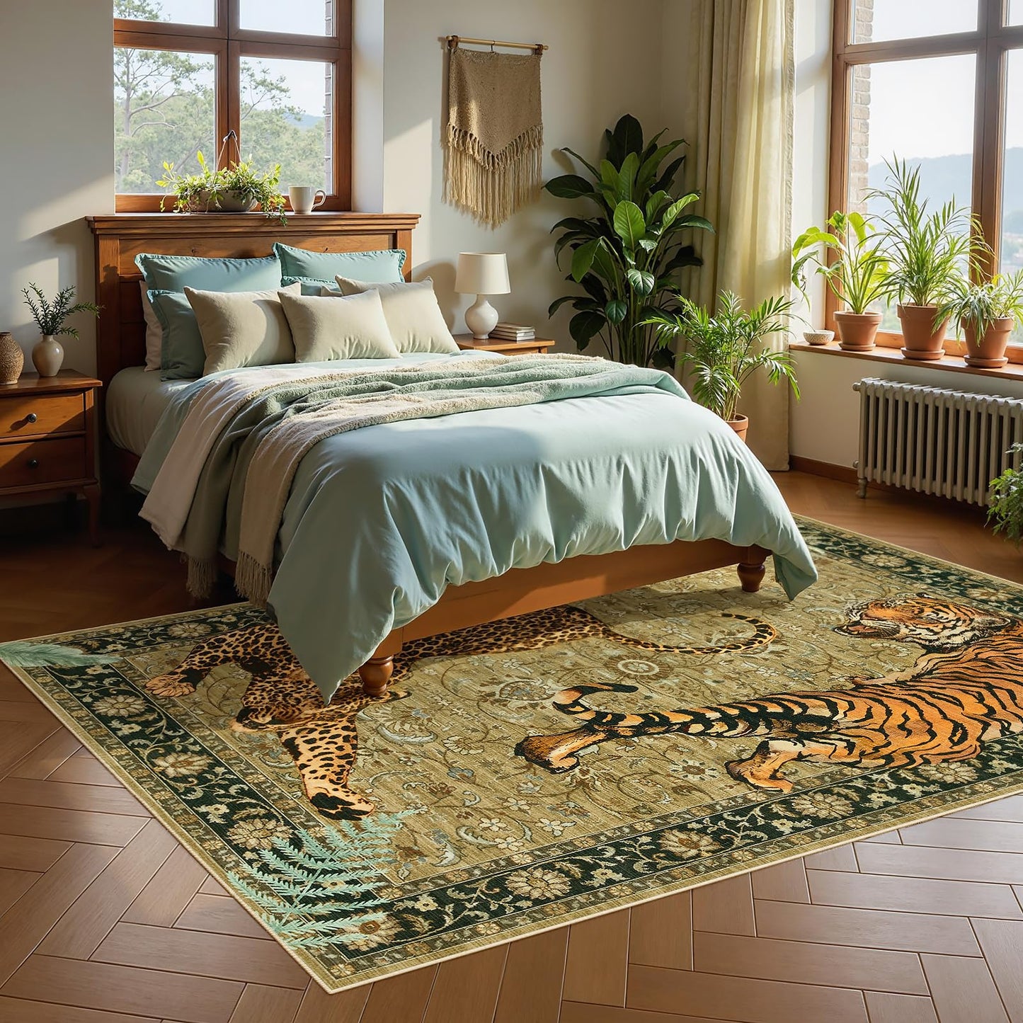 Joydeco Washable Tiger Print 5x7 Living Room Area Rug, Vintage Boho Cheetah Dining Room Rug Non Slip, Leopard Stain Resistant Carpet for Bedroom Office Playroom Entryway, Camel
