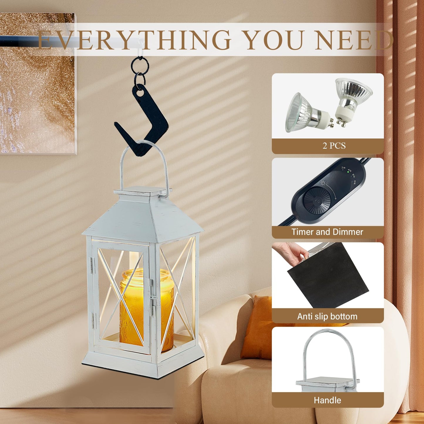 Candle Warmer Lamp with Timer,Cande Warmer Lantern for Jar Candle,Dimmable Candle Lamp Warmer Farmhouse Heat Lamp with 2 Bulbs,Auto Shut Off & Adjustable Brightness-White