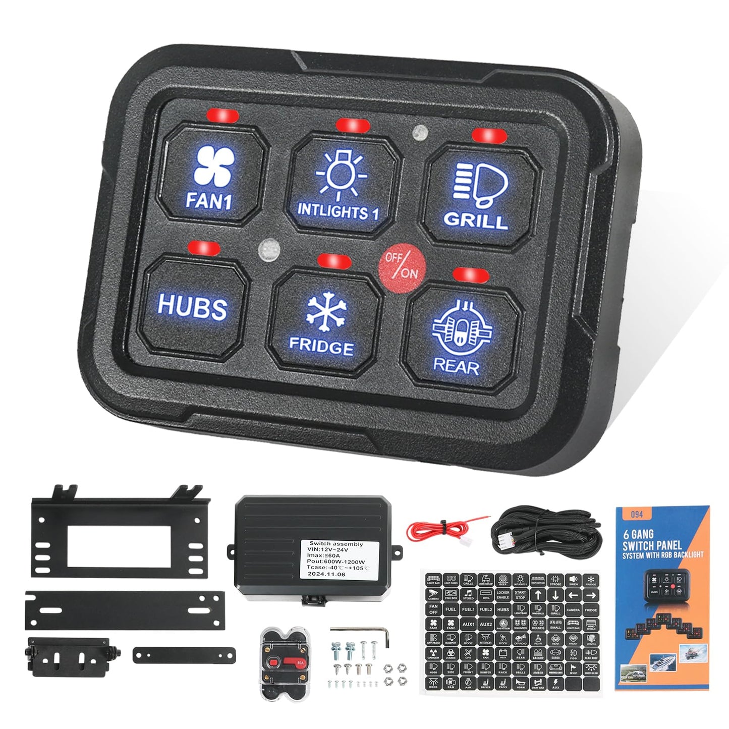 RUIANOMG 6 Gang Switch Panel, Universal Circuit Control Relay System with Fuse Wiring Harness and Automatic Dimmable ON-Off LED Switch Pod for Pickup Truck SUV Car Boat ATV UTV