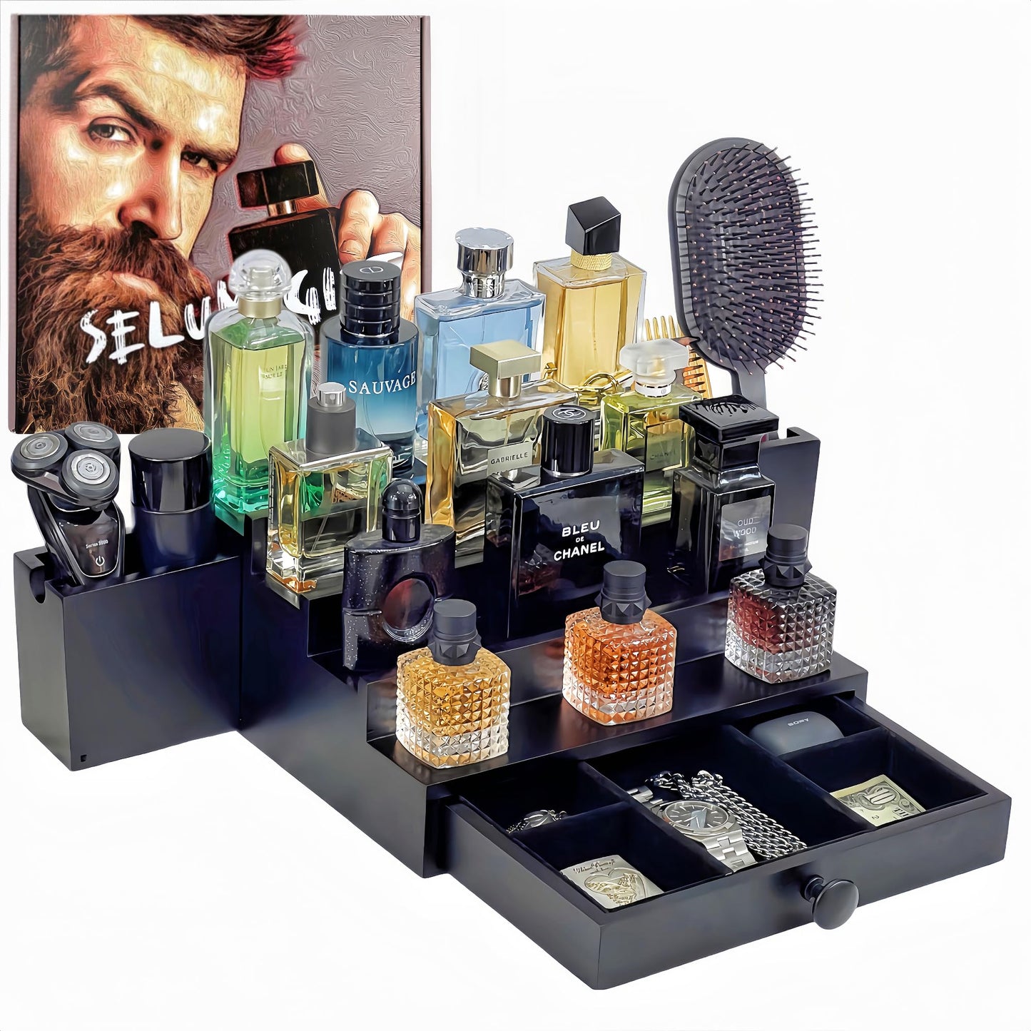 Wooden Cologne Organizer For Men 4 Tier Black | High Grade Velvet Lining and Stylish Gift Box | Double Side Compartment | Space Aid Cologne Holder | Perfume Display Stand | Men's Room Essential