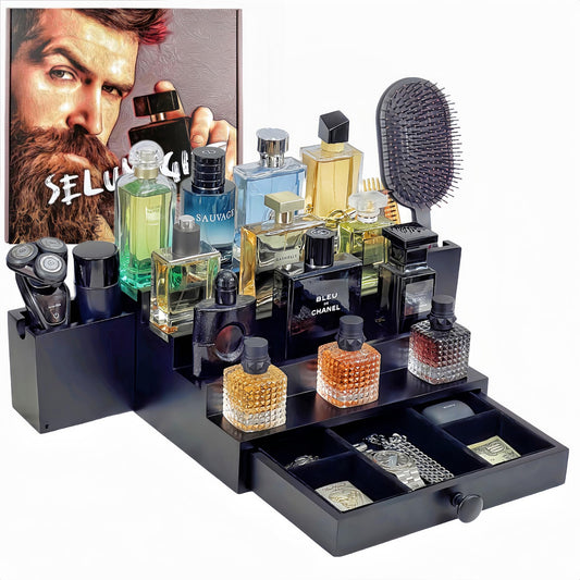 Wooden Cologne Organizer For Men 4 Tier Black | High Grade Velvet Lining and Stylish Gift Box | Double Side Compartment | Space Aid Cologne Holder | Perfume Display Stand | Men's Room Essential