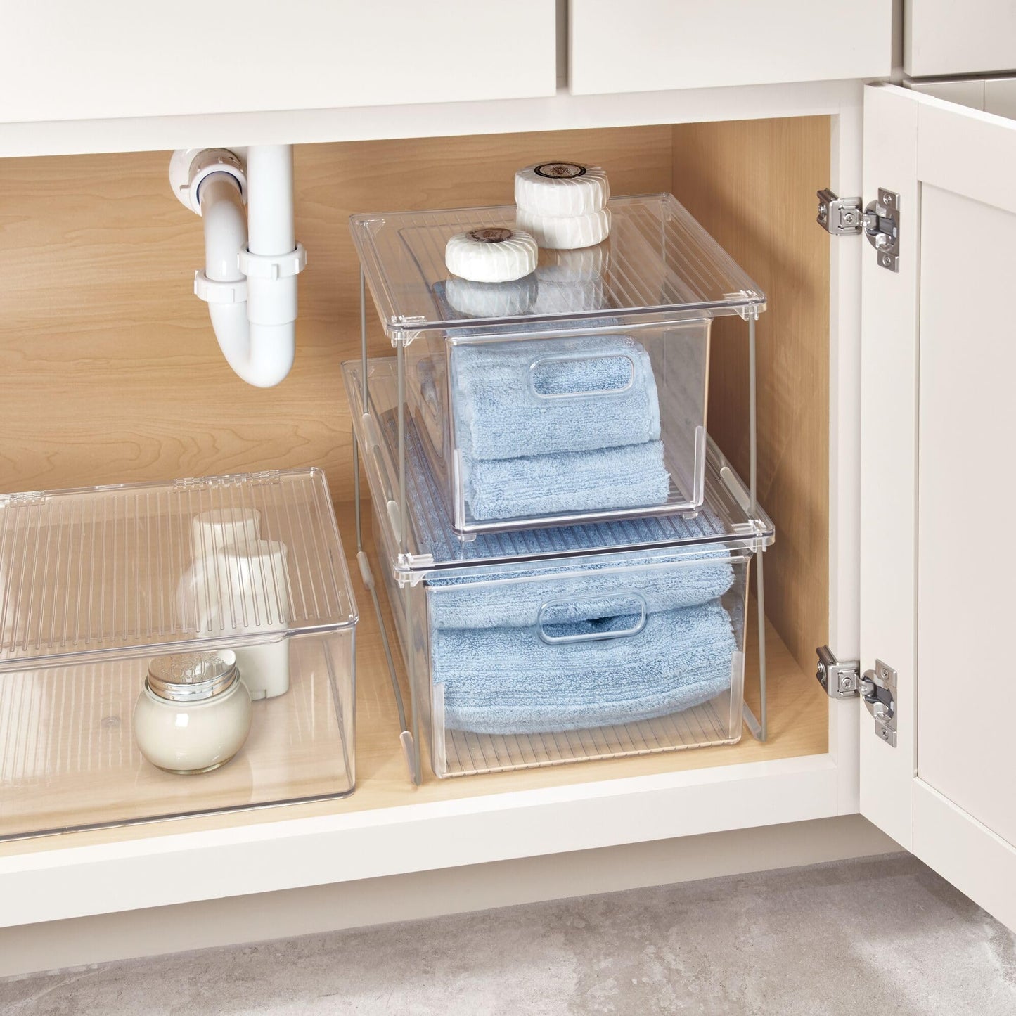 InterDesign iDesign Stackable Organizer-Cabinet Riser for Bathroom Storage-Set of 4-Clear/Satin Stacking Shelf-Small M4