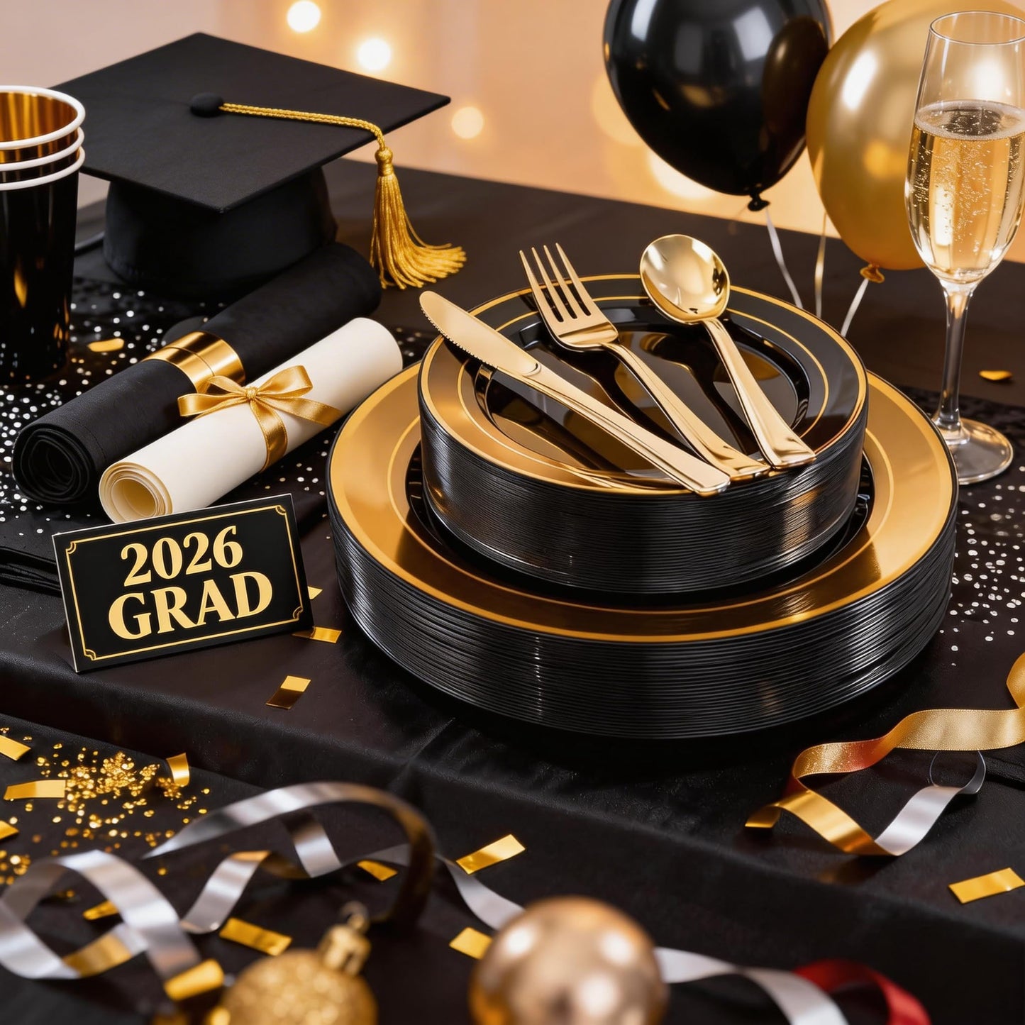WELLIFE 350PCS Black and Gold Plastic Plates - Plastic Dinnerware Set for 50 Guests,Include 50 Dinner Plates, 50 Dessert Plates, 50 Black Cups 9 OZ, 50 Pre Rolled Napkins with Gold Silverware