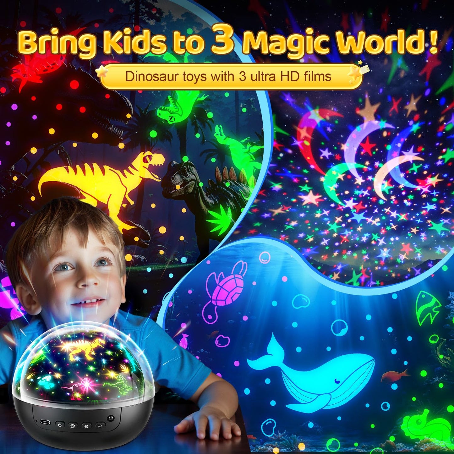 Kids Night Light Projector with 3 Films & 93 Effects, Remote & 3 Timer - Rotating Dinosaur Night Light for Kids' Room