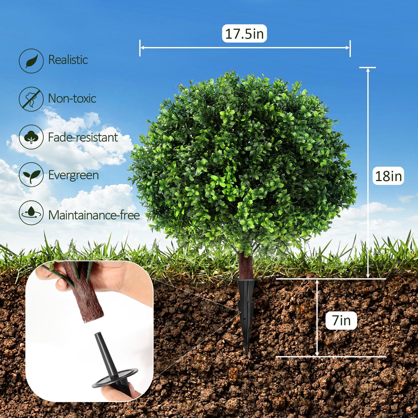 LadyRosian Artificial Boxwood Topiary Tree, 25 Inch 2 Set Outdoor Faux Boxwood Bush Plants,Indoor Ball Trees with Ground Spike, Fake Potted for Home Front Porch Decor Outside Garden