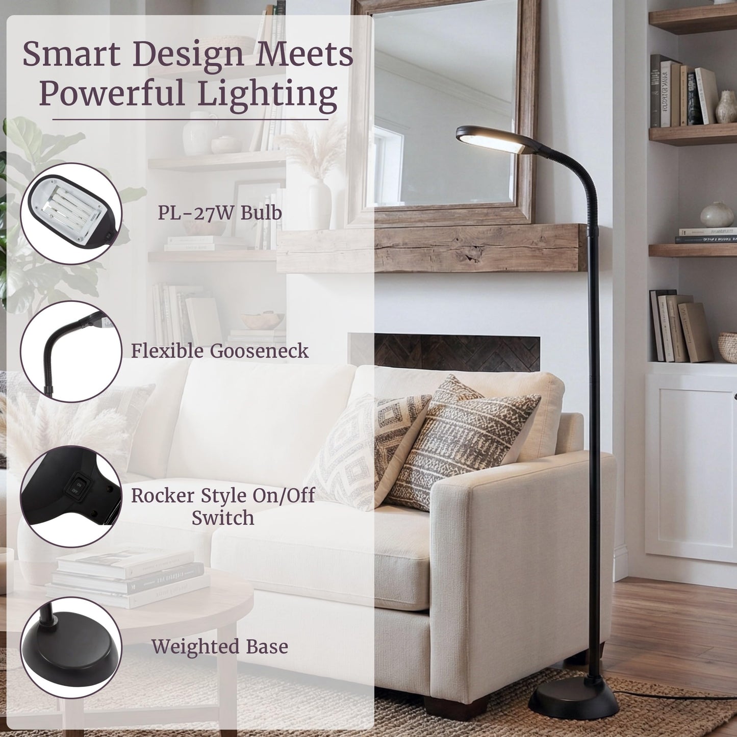 Lavish Home Adjustable Floor Lamp for Bedroom - Full Spectrum Natural Sunlight Lamp for Office with Bendable Neck for Reading Light, Craft, Studying, and Esthetician Light - (Black)